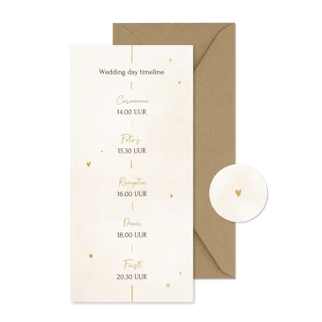 Minimalistische tijdlijn trouwkaart met gouden details